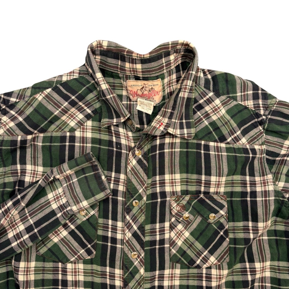 Wrangler American Cowboys Green Plaid Western Pearl Snap Flannel Shirt XXL